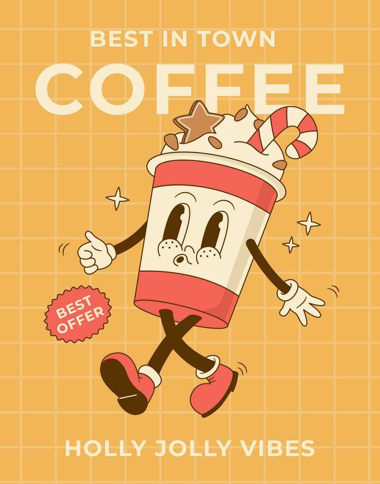 Funny retro cartoon 70s Christmas coffee cup character. Cappucino, latte mascot in groovy style vector illustration. Vintage poster, print, greeting card. Nostalgia 1970s, 60s