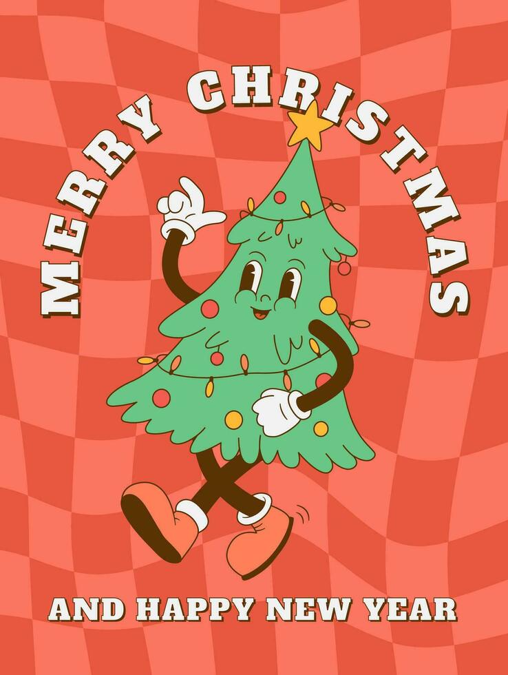 gracioso retro dibujos animados 70s Navidad árbol personaje antecedentes. Navidad mascota en maravilloso estilo vector ilustración. alegre Navidad y contento nuevo año invitación, póster, decoración, imprimir, saludo tarjeta.