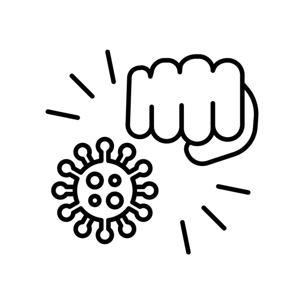 Fight coronavirus icon. Fist kicking, fist kick by bacteria for protect virus, punching hands to Conquer infection disease with hand fist attack. line Vector illustration design,white background EPS10