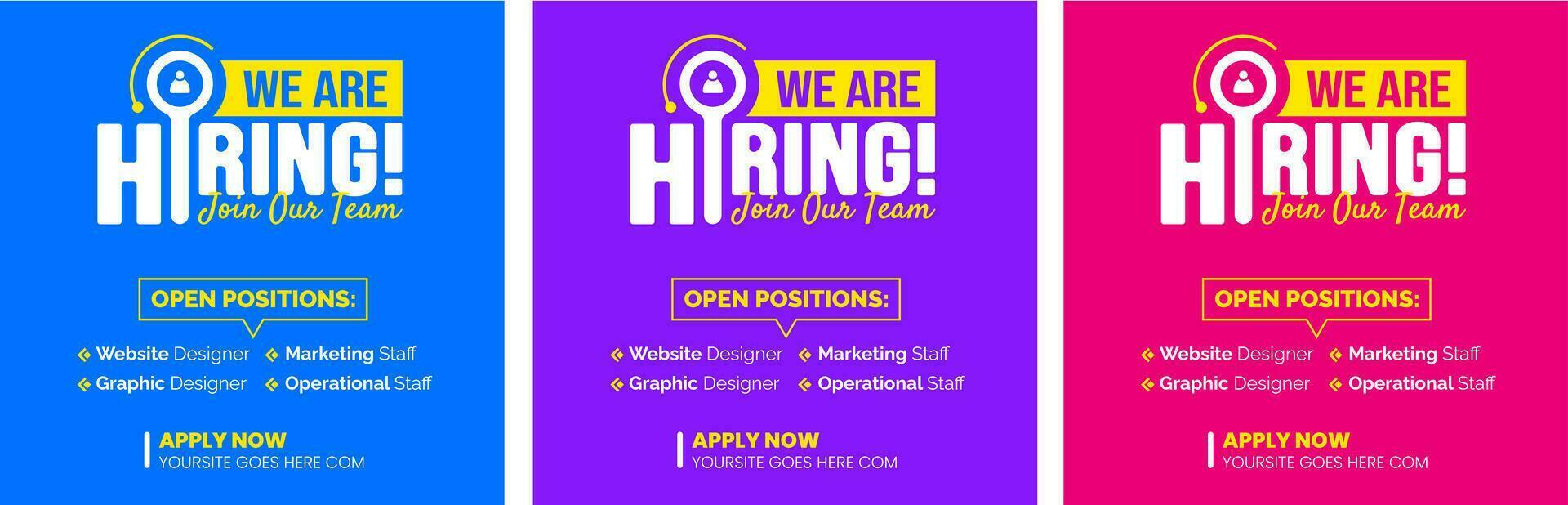 We are hiring job vacancy social media post banner design template set. business concept of search and recruitment. join our team announcement lettering in speech. Vector Illustration.
