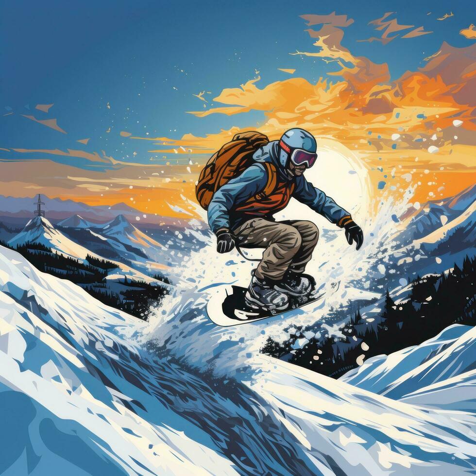 Snowboarding. Thrilling jumps and tricks in snowy terrain photo