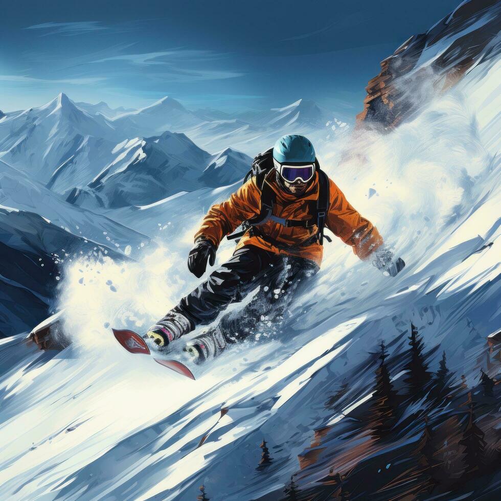 Snowboarding. Thrilling jumps and tricks in snowy terrain photo