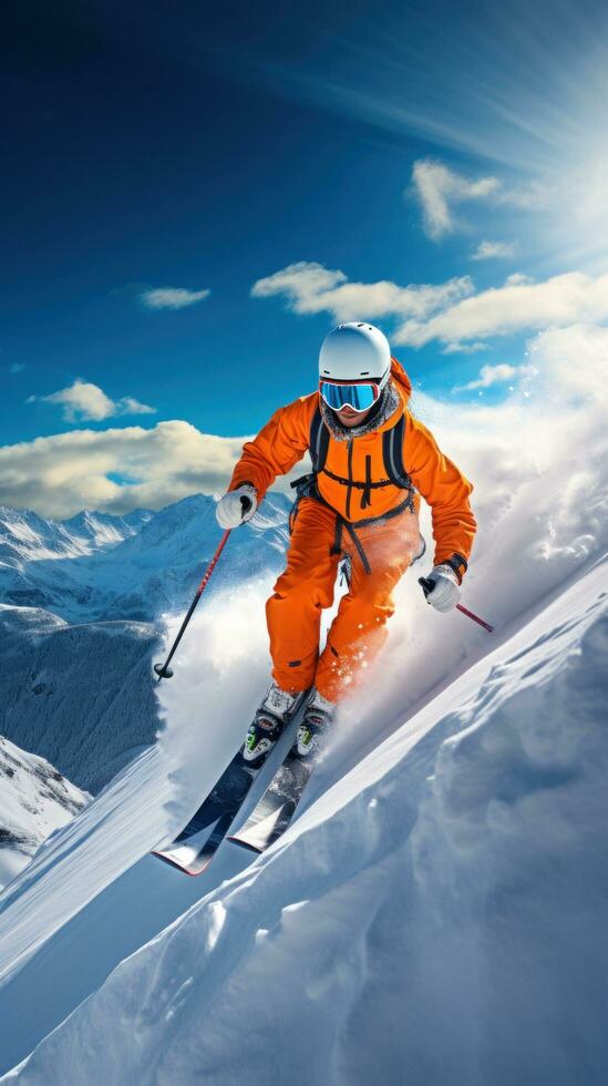 Skiing. Graceful glides down snow-covered mountains photo