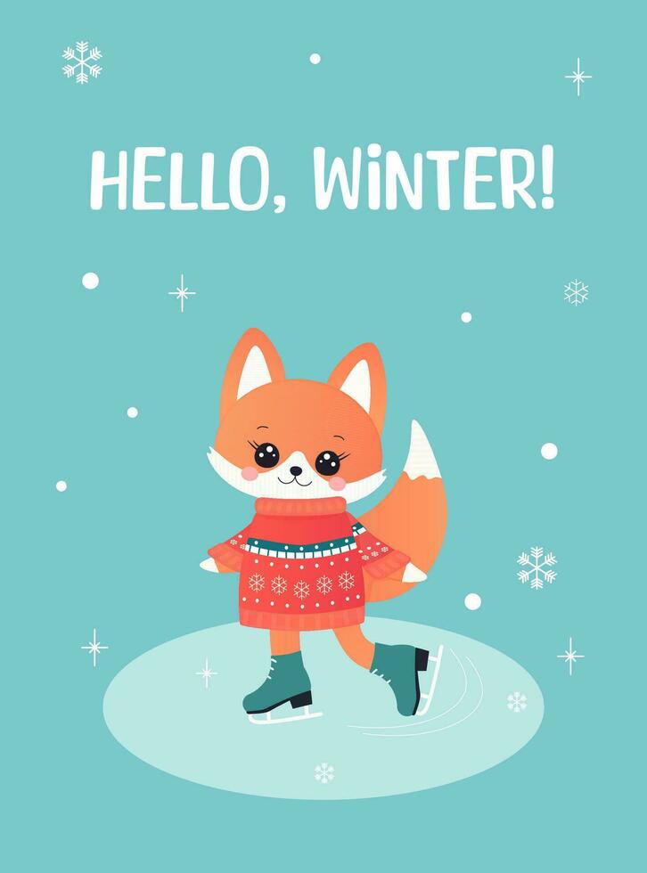 winter card, greeting, new year and christmas. with a cute fox. vector
