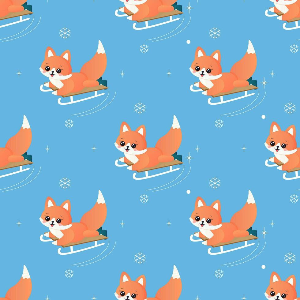 Winter sport fox on skis, sled, snowboard, skates. seamless pattern. vector