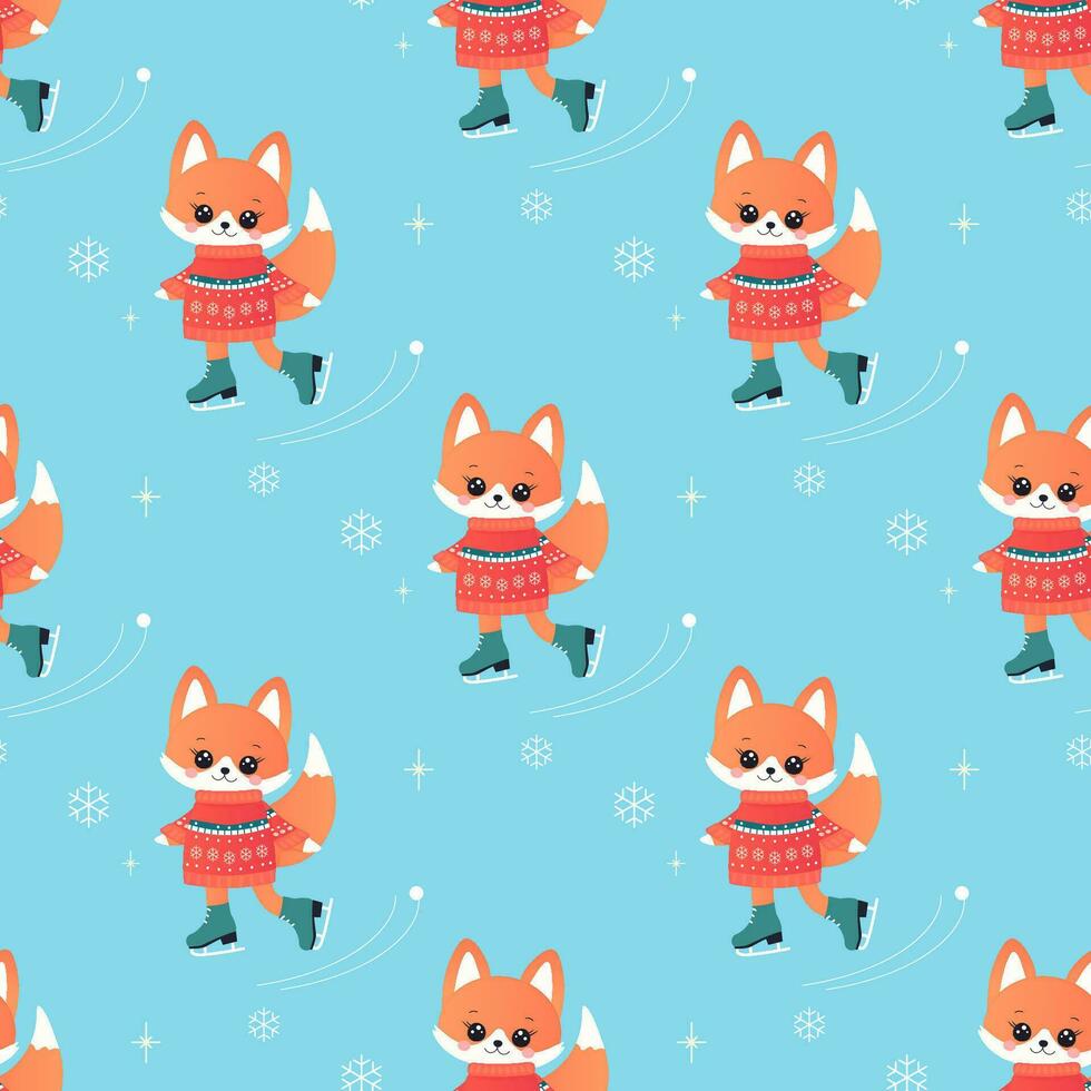 Winter sport fox on skis, sled, snowboard, skates. seamless pattern. vector