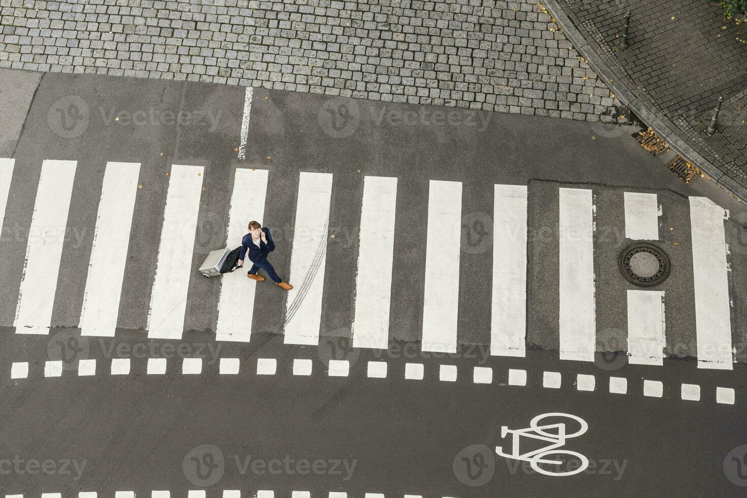 Germany, businesswoman with rolling suitcase walking on zebra crossing, view from above photo