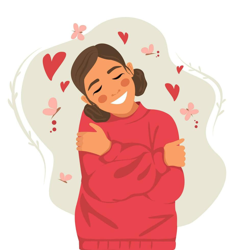 Woman hugs herself with hearts and butterflies on a white background. Love yourself. Love your body. Take time for yourself. vector