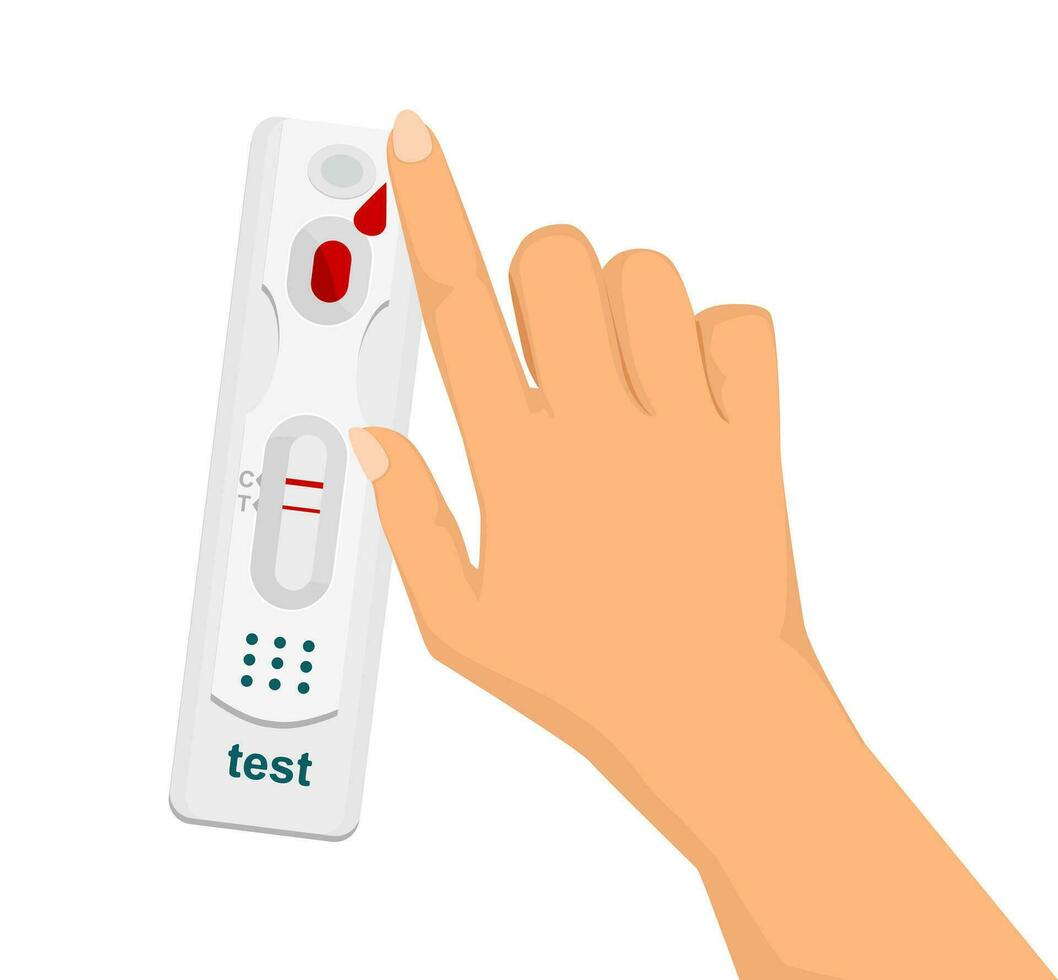 Hand over rapid test with blood sample for COVID-19 test, AIDS. Test positive for a new one quickly. vector