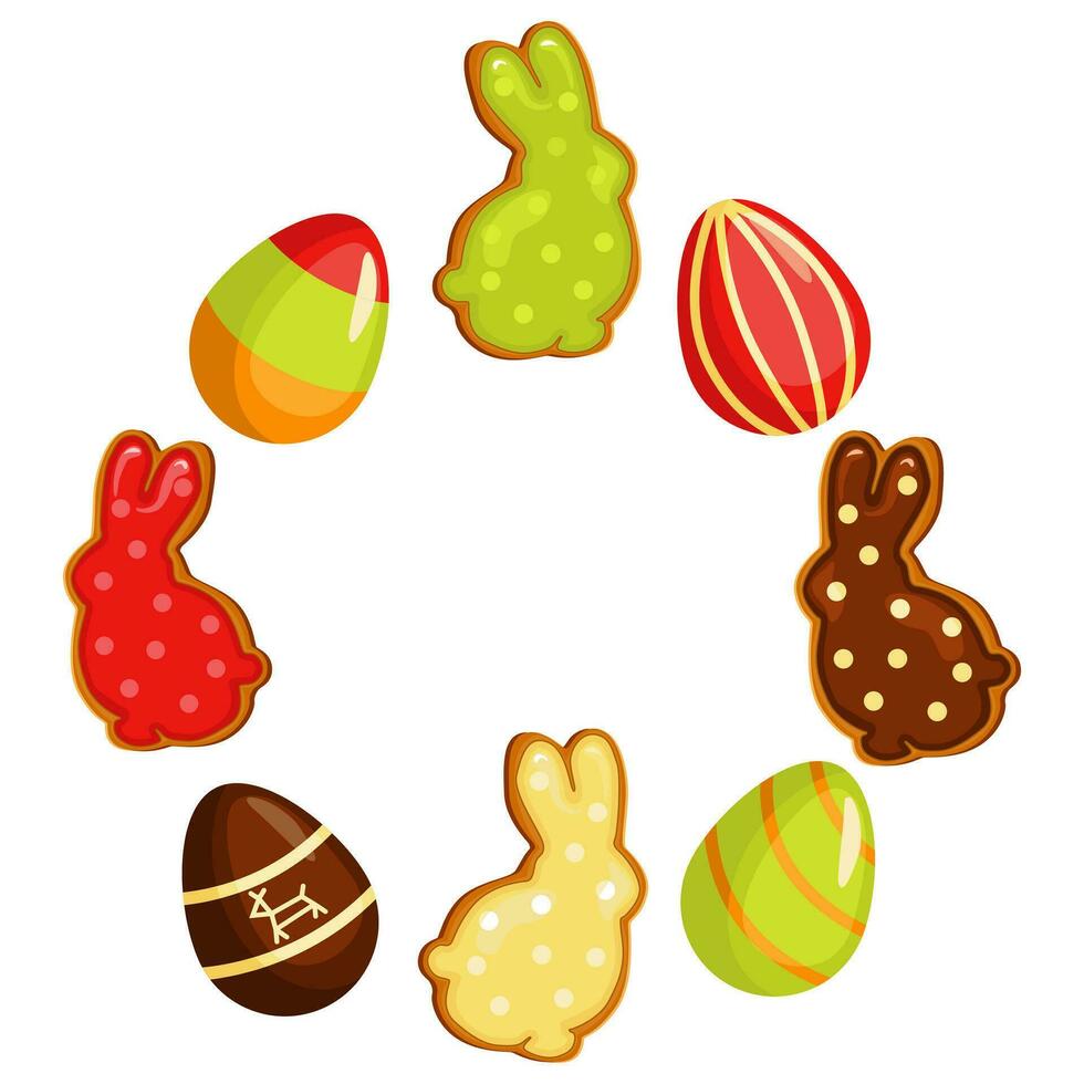 Easter banner holiday, with Easter eggs and gingerbread cookies arranged in a circle. Vector