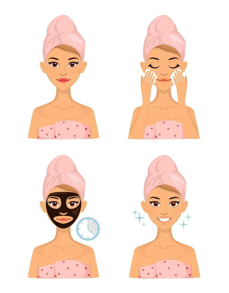 Set of woman doing home beauty treatments. Facial care. vector
