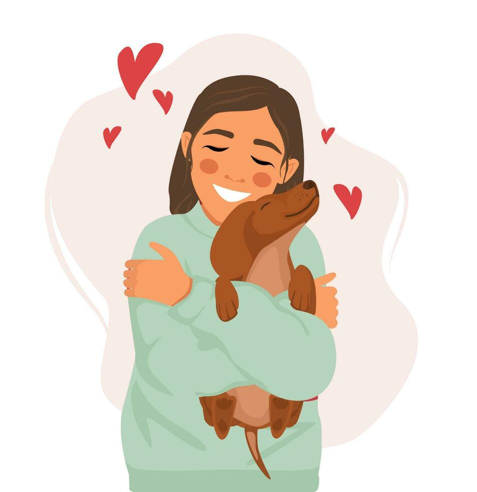 Happy smiling woman loves and hugs a dachshund dog. Love to the animals. vector