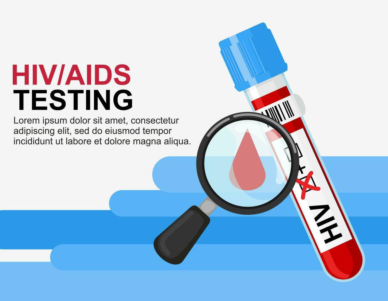 Blood test concept HIV test. World AIDS Day 1 December. Test tube with blood and positive test and magnifying glass. AIDS and HIV awareness. Clinical laboratory blood test. vector