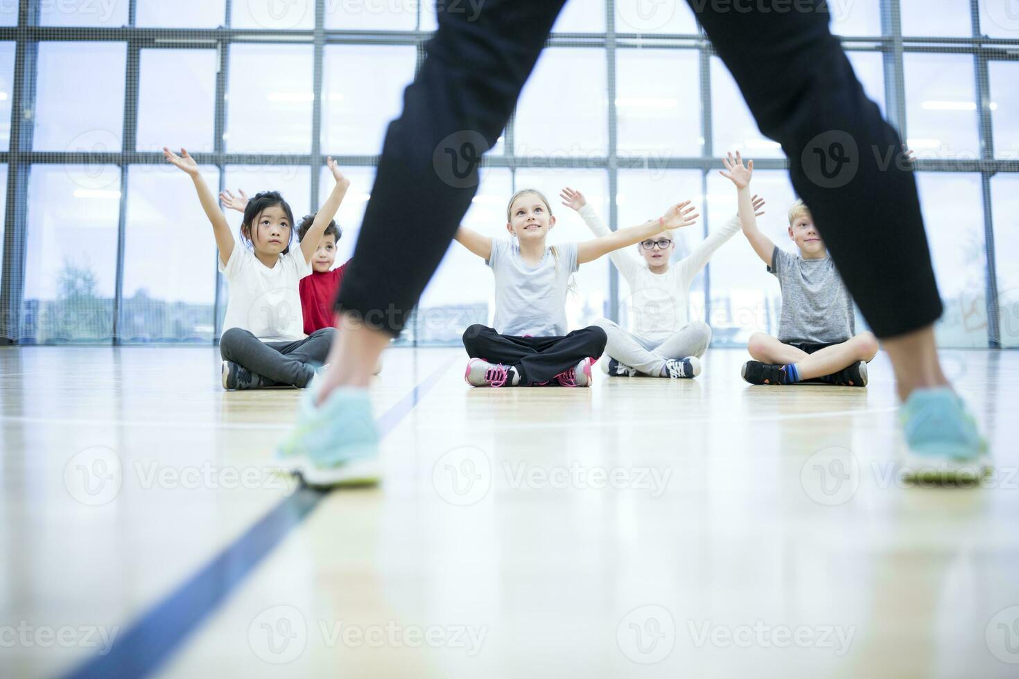 Pupils exercising in gym class photo