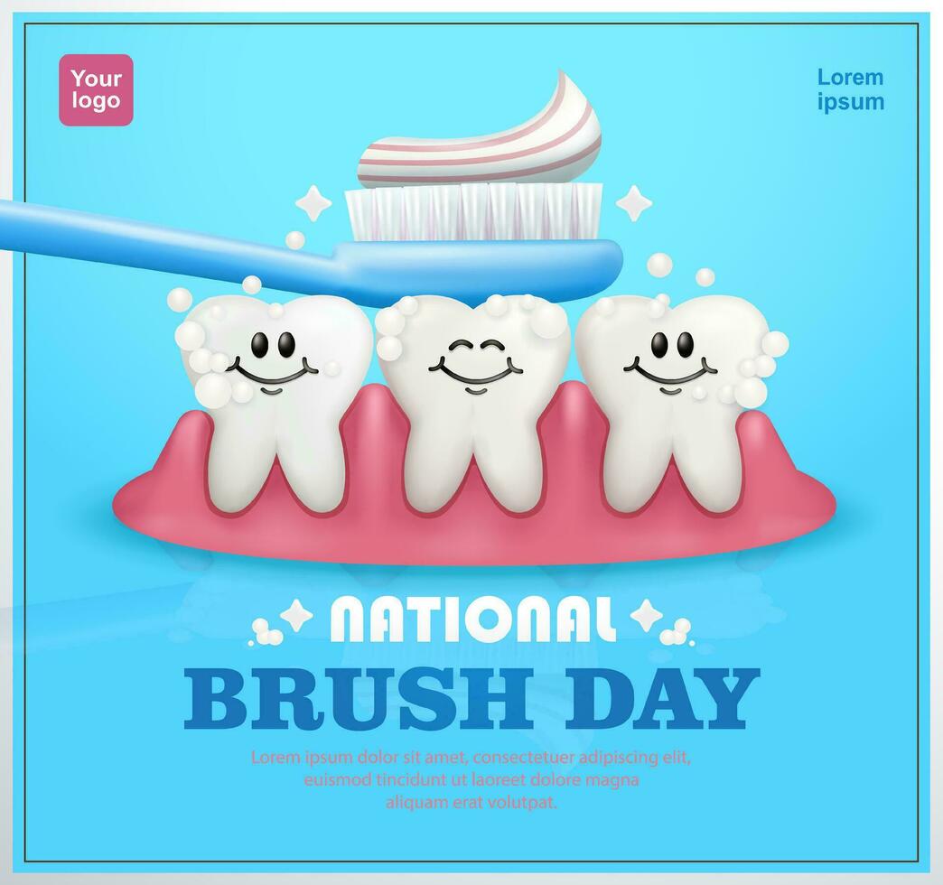 National Brush Day. Smiling clean teeth character and stick on toothbrush. 3d vector suitable for dental care and events