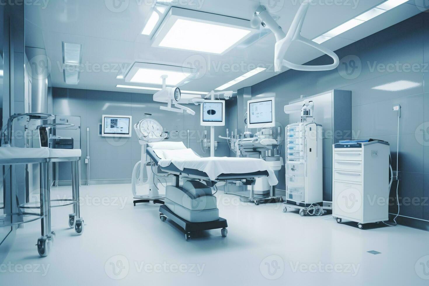 Empty operating room with patient lying under cover Generative AI photo