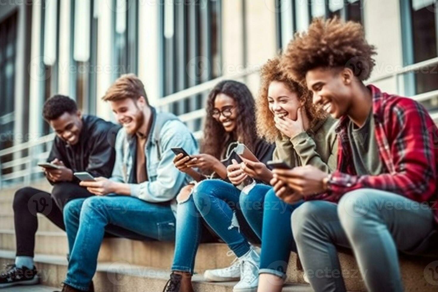 Group of friends using smartphones together. Young people addiction to new technology trends. Youth, new generation internet friendship concept. Emotional isolation and depresion Generative AI photo
