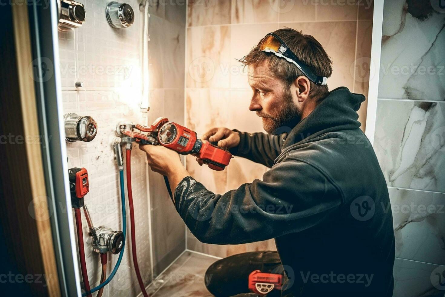 fontanero instalando ducha parar, trabajo en baño. generativo ai foto