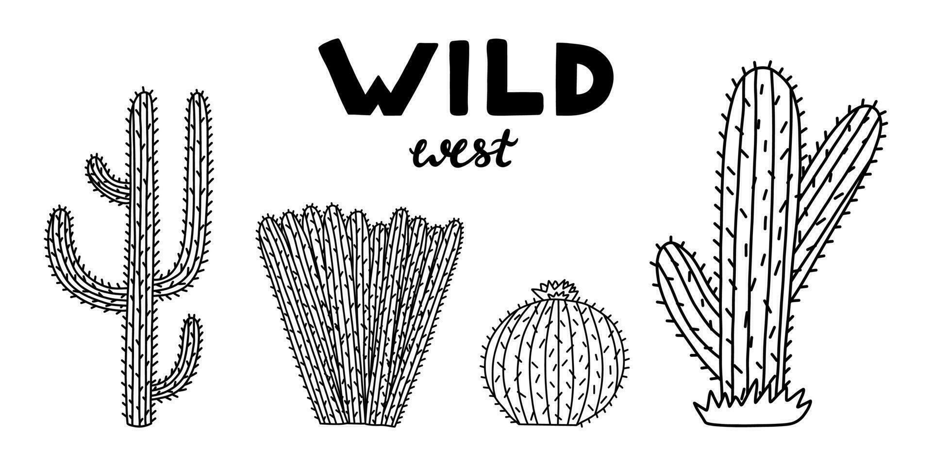 Set of cute hand drawn saguaro cactus from Mexico or Wild West desert. Vector simple cacti flower with thorns in cartoon style. Mexican spiny exotic plant isolated on white background.