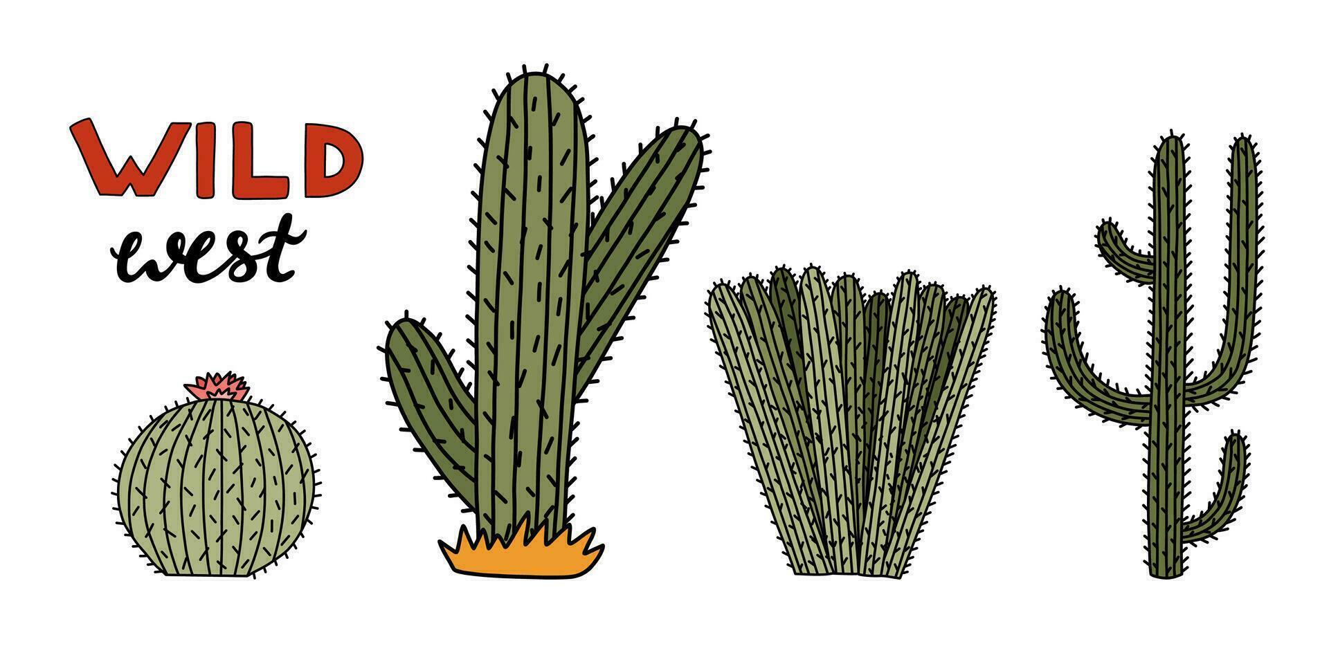 Set of cute hand drawn saguaro cactus from Mexico or Wild West desert. Vector simple cacti flower with thorns in cartoon style. Mexican spiny exotic plant isolated on white background