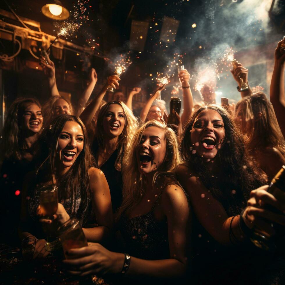 Revelers toast with popping champagne bottle photo