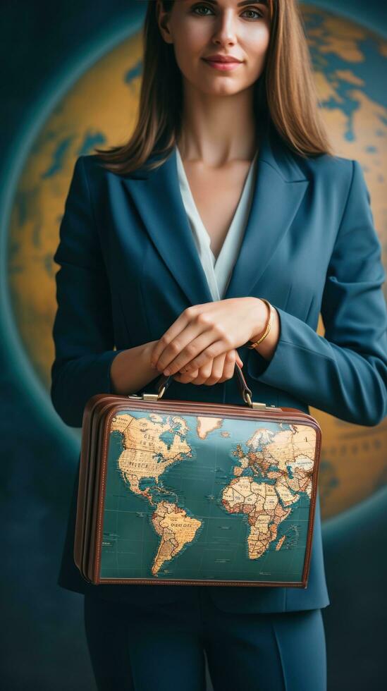 Businesswoman holding world globe and briefcase photo