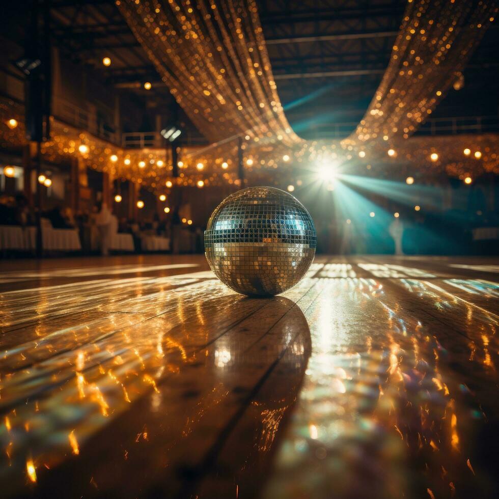 Dance floor shines with disco ball photo