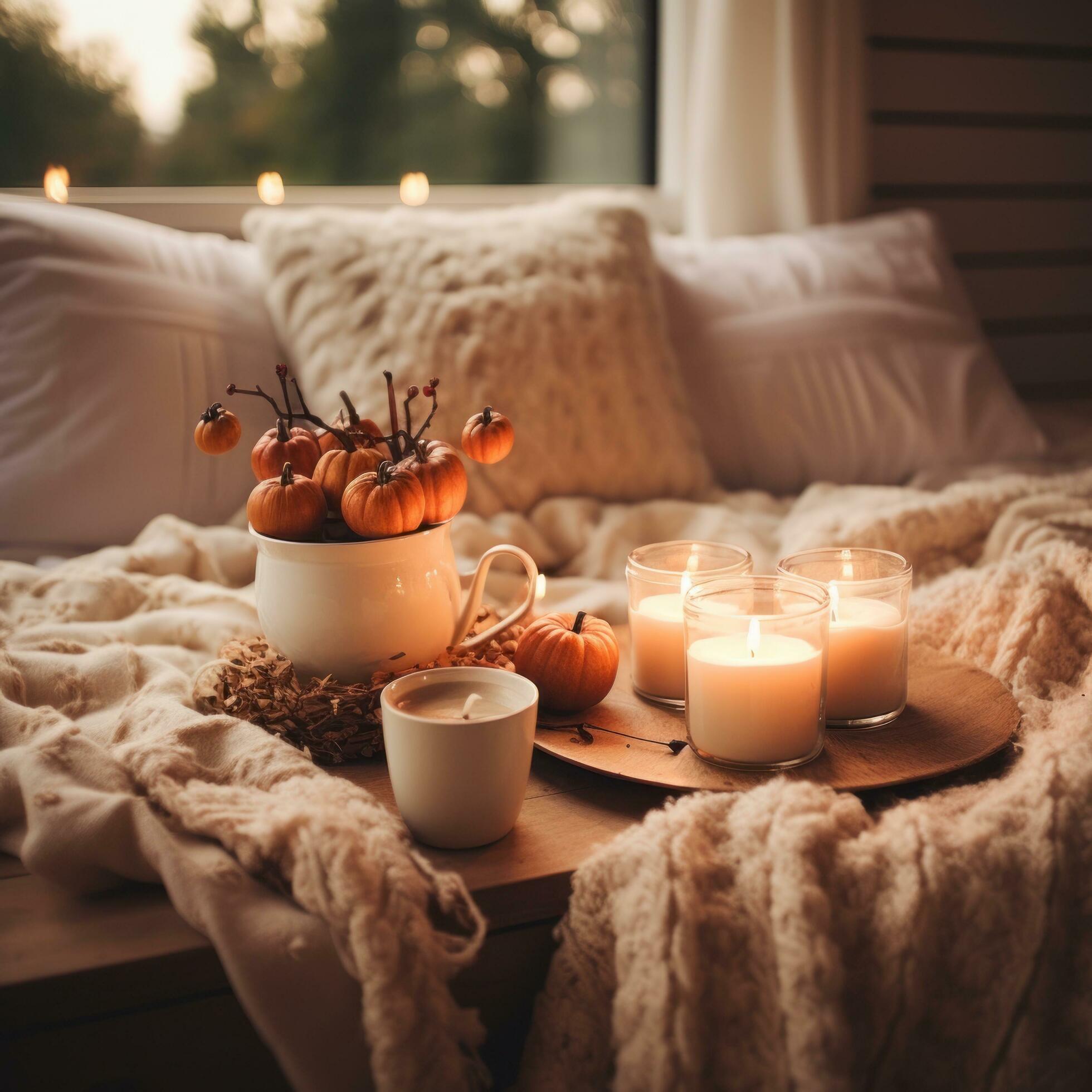 Cozy fall vibes. pumpkin spice and candles 29802456 Stock Photo at Vecteezy