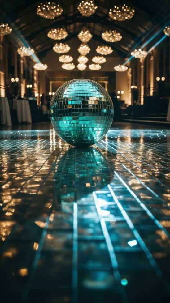 Dance floor shines with disco ball photo