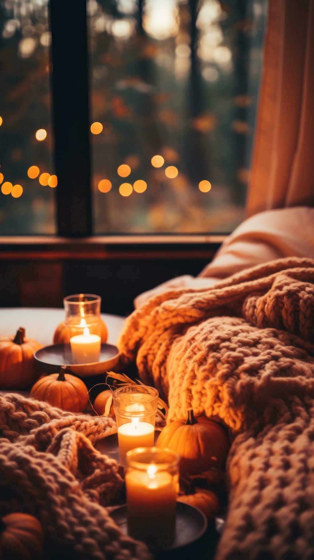 Cozy fall vibes. pumpkin spice and candles 29802461 Stock Photo at Vecteezy