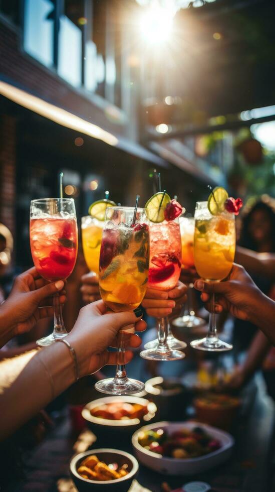 Friends toast with colorful cocktails in hand photo