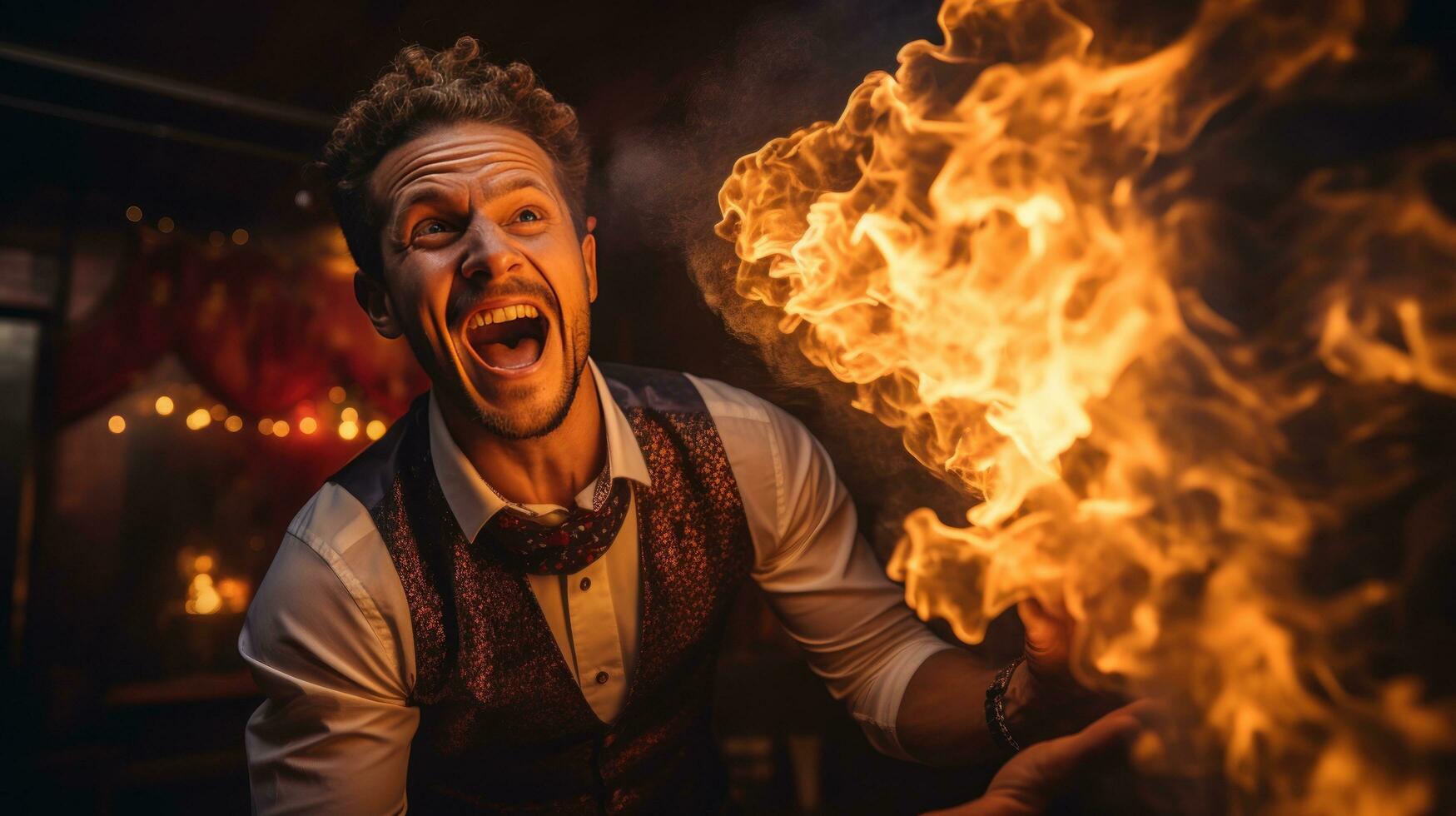 Fire-eater. Daring performer spitting flames with ease photo
