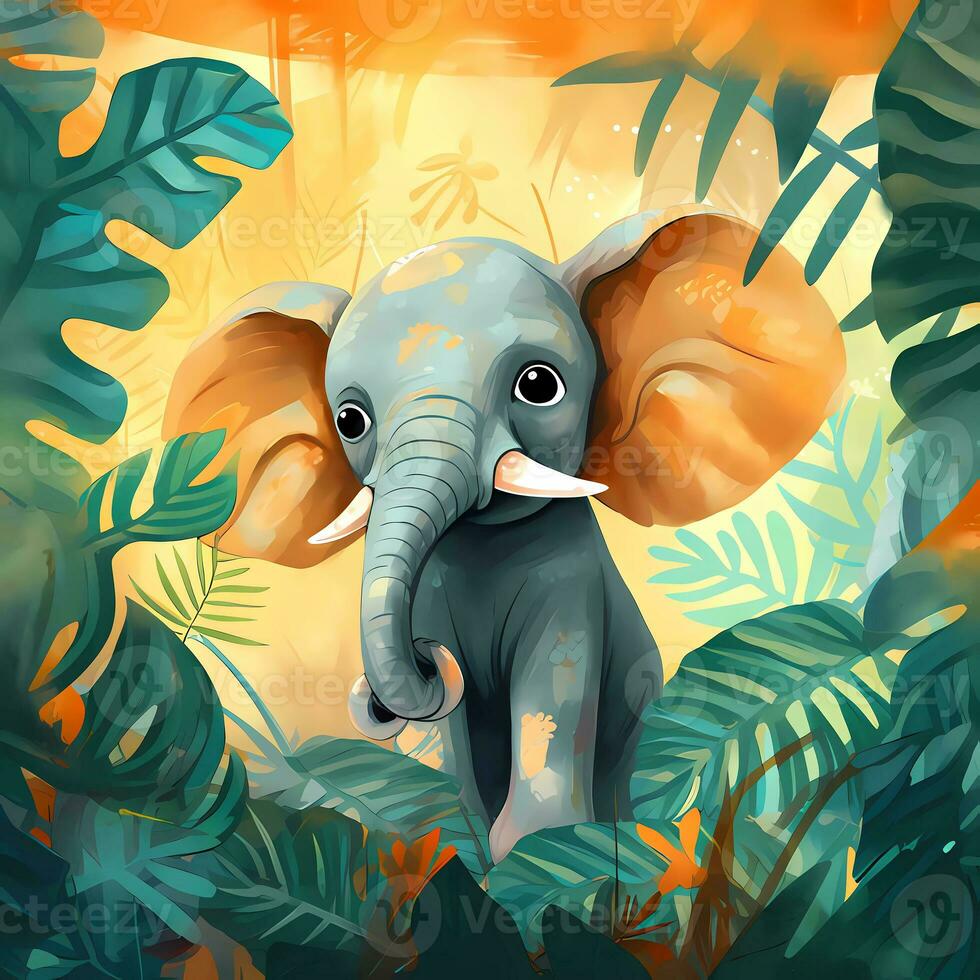 cute elephant in the tropical jungle, for storybook, children book, poster, birthday element, invitation card etc. photo