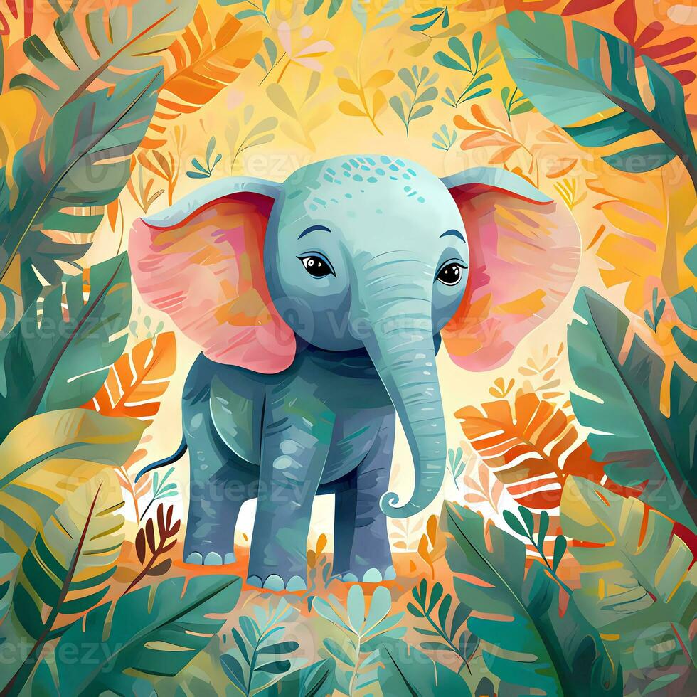 cute elephant in the tropical jungle, for storybook, children book, poster, birthday element, invitation card etc. photo