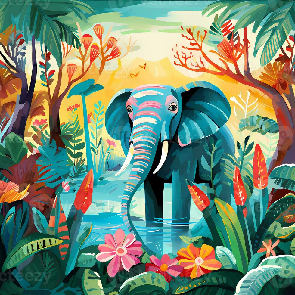 cute elephant in the tropical jungle, for storybook, children book, poster, birthday element, invitation card etc. photo