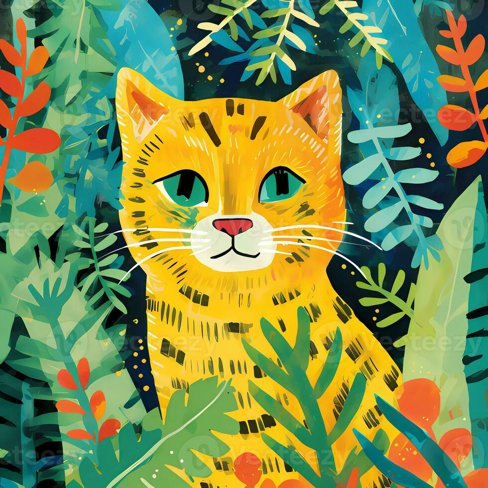 Tiger and other animals in the tropical jungle, for storybook, children book, poster, birthday element, invitation card etc photo