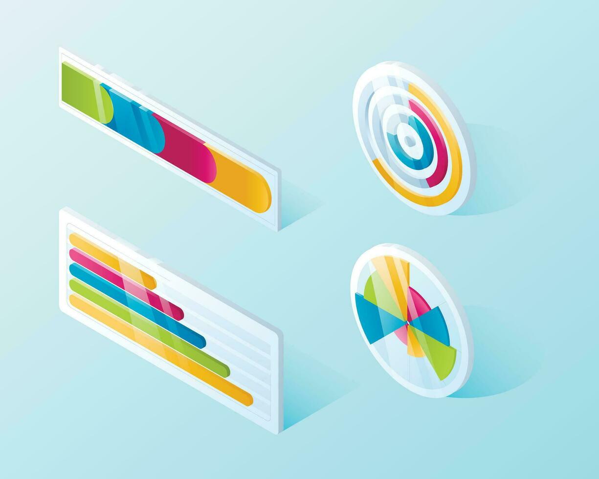 Set of isometric infographic design element, graph or pie chart with scales. vector