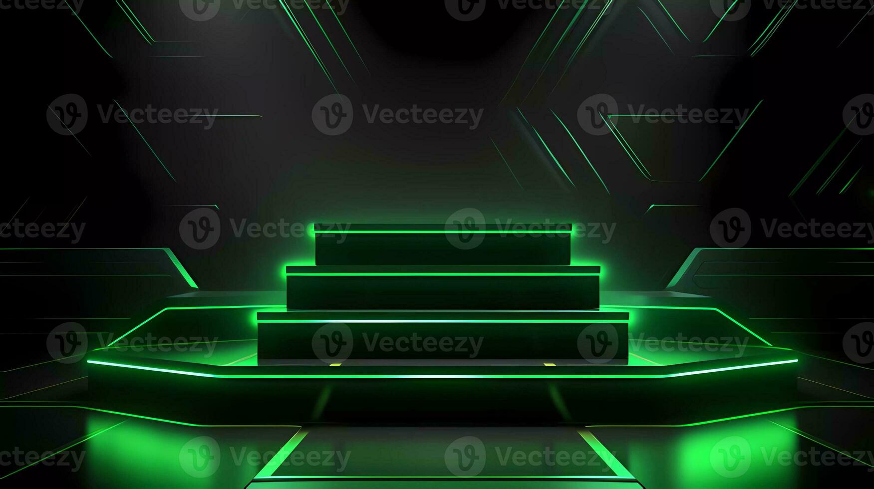 Podium with Futuristic Green Neon Lighting Science Stage Background. 3d rendered science technology showcases. photo