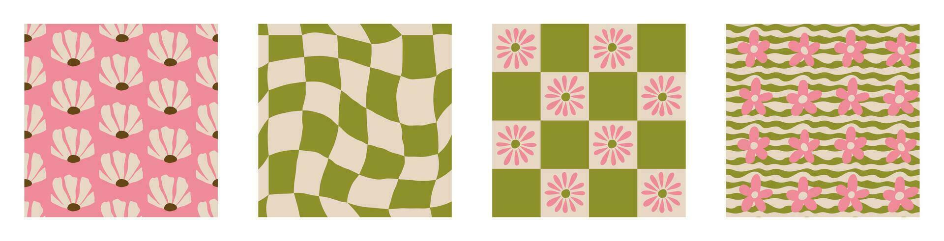 conjunto de estético contemporáneo imprimible retro maravilloso flores sin costura modelo. decorativo hippie ingenuo años 60, Años 70 estilo Clásico boho antecedentes en minimalista estilo para tela, fondo de pantalla o envase vector