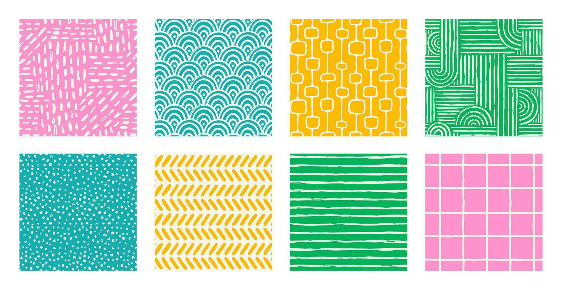 Set of Aesthetic Contemporary printable seamless pattern with abstract Minimal elegant line brush stroke shapes and line in vibrant colors. vector