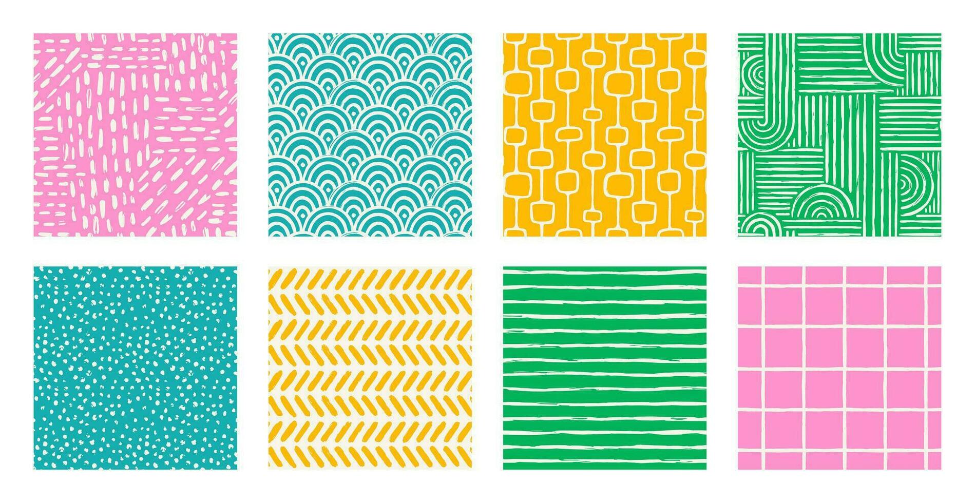 conjunto de patrones estéticos imprimibles contemporáneos sin costuras con formas abstractas de trazo de pincel de línea elegante mínima y línea en colores vibrantes. vector