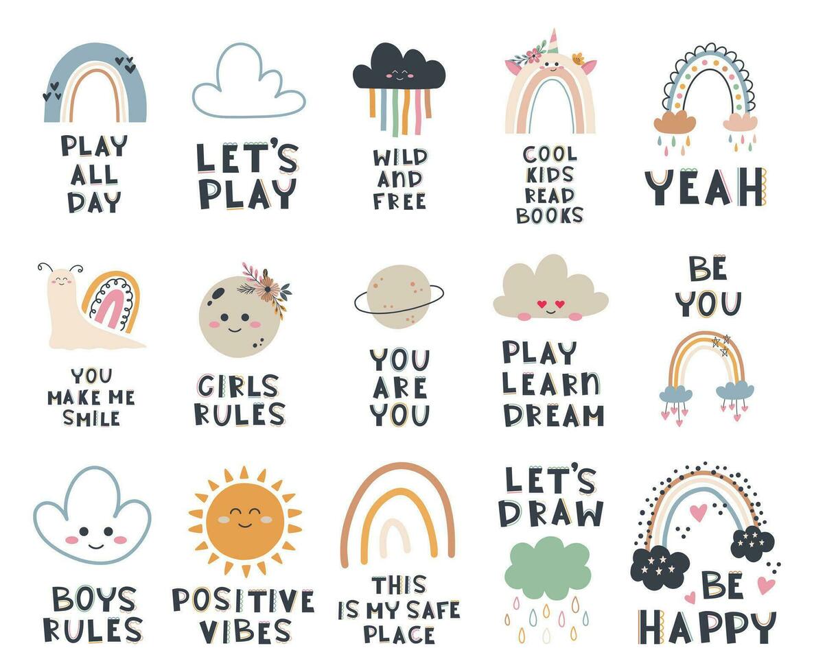 Cute hand drawn phrases with rainbow, sun, stars, cloud in boho style. Cartoon doodle print for nursery. Design for shower invitation card, birthday, children's party, book cover, poster vector
