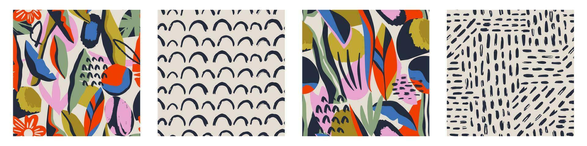 conjunto de patrones sin fisuras contemporáneos abstractos con formas dibujadas a mano, manchas, puntos y líneas con texturas. estampado bohemio vibrante. Ilustración de vector de collage moderno