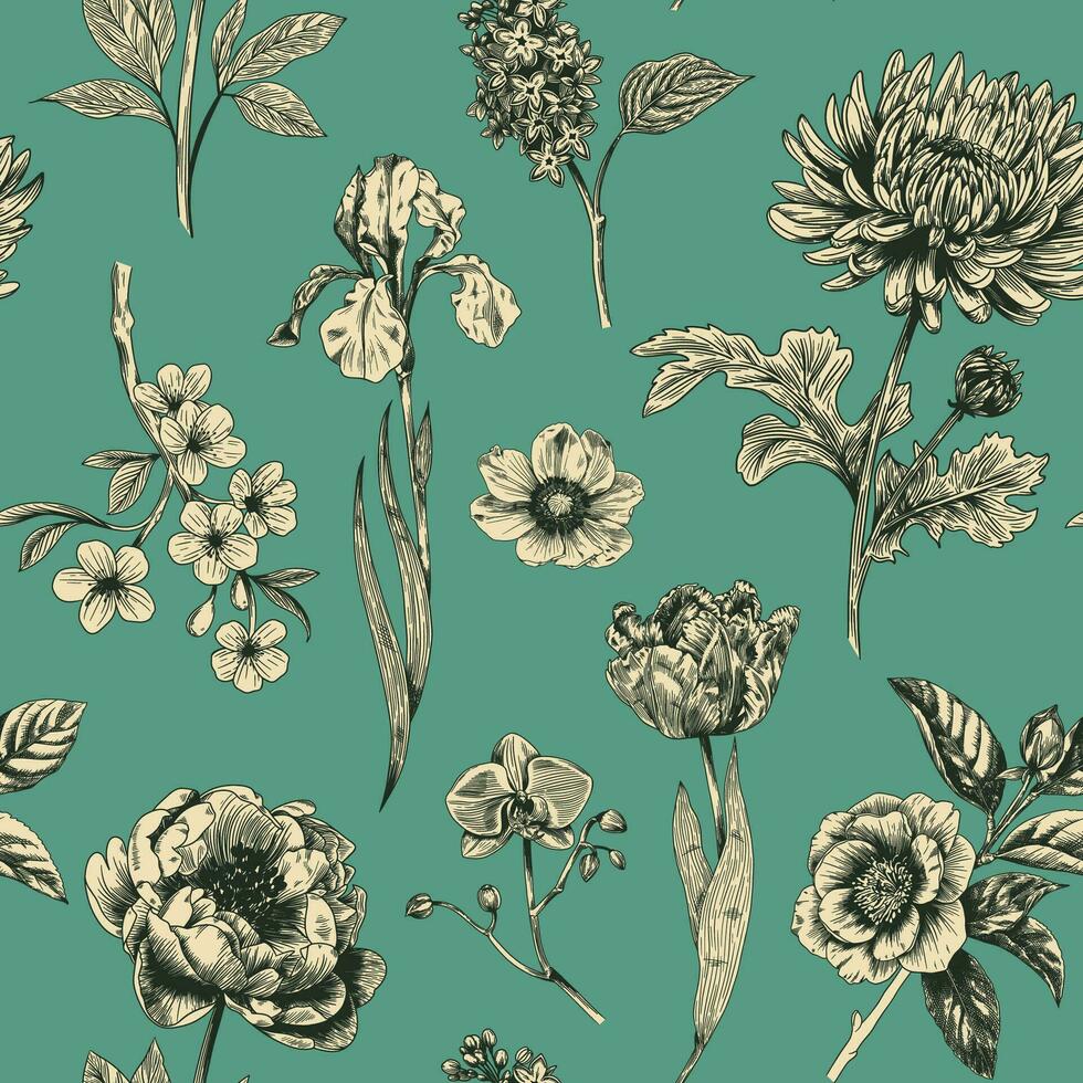 resumen moderno floral sin costura modelo con mano dibujado flor en toile Delaware alegría estilo. retro elegancia repetir impresión. Clásico diseño para tela, fondo de pantalla o envase vector