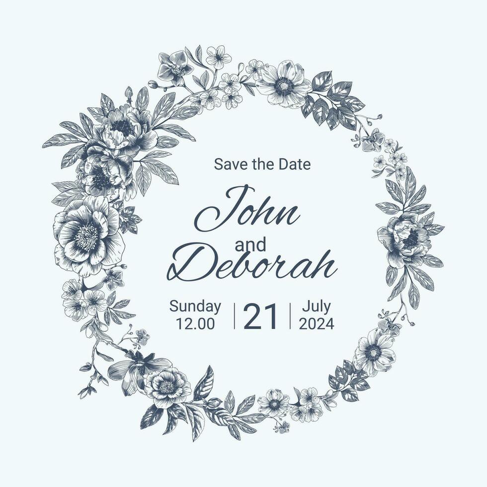 Botanical blue wedding frame or wreath on white background. Hand drawn floral, flower, leaf branch in toile de jouy style. Line art for wedding, monogram, invitation, greeting, logo, birthday cards vector