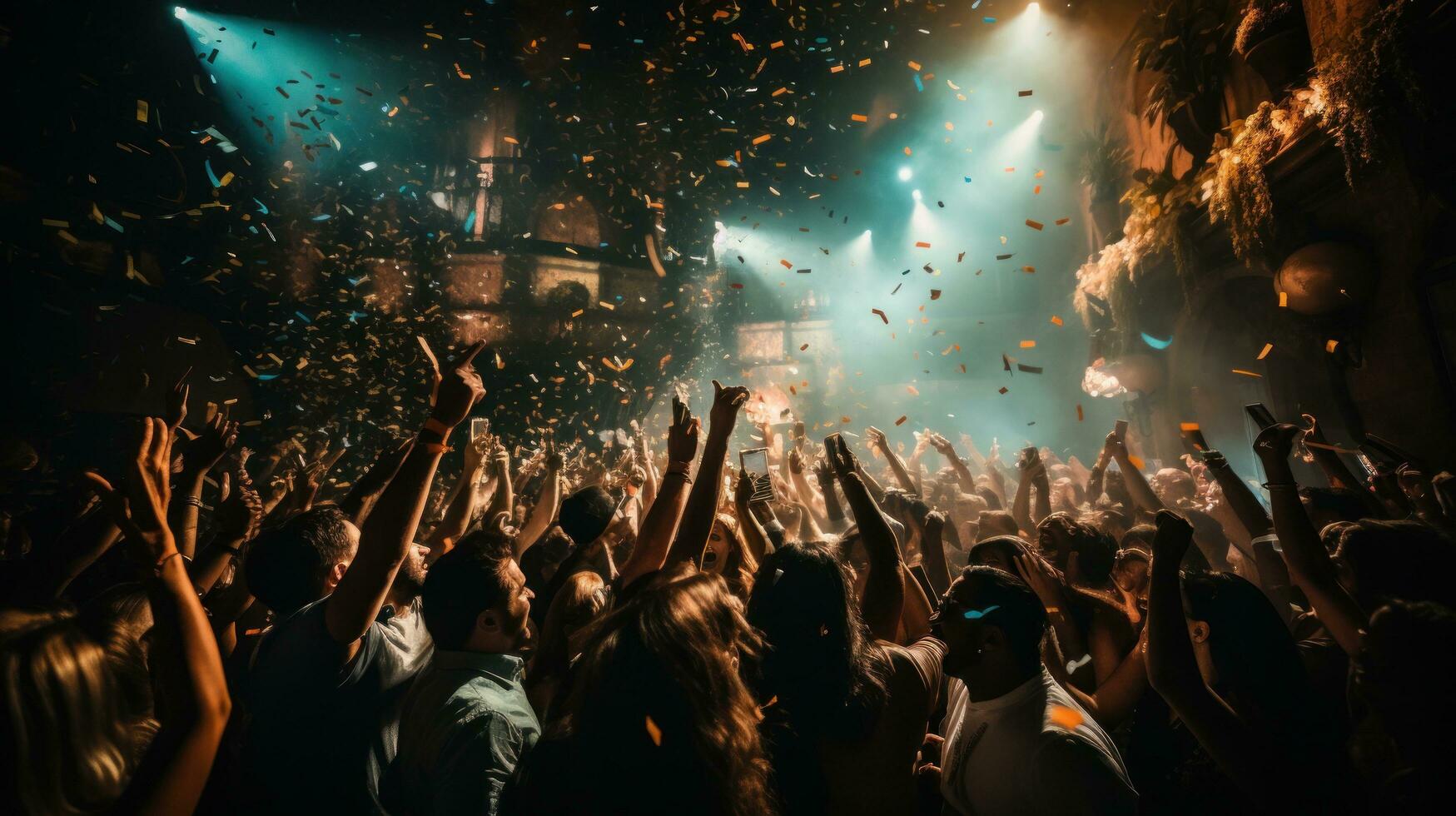Revelers toast with popping champagne bottle photo