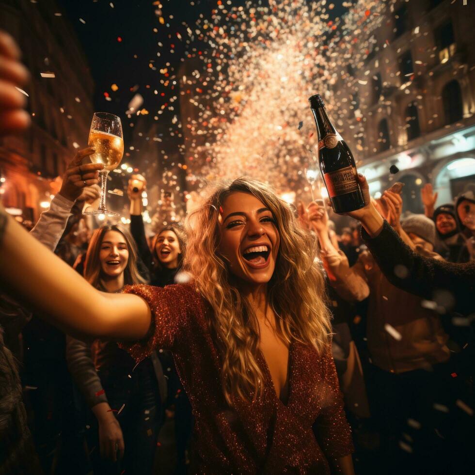 Revelers toast with popping champagne bottle photo