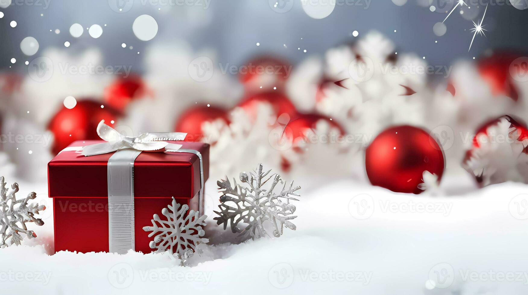 Christmas red gift box with silver ribbon, with Christmas ornaments in white and silver perfect for greeting card and banner background. Happy merry Christmas greeting card photo