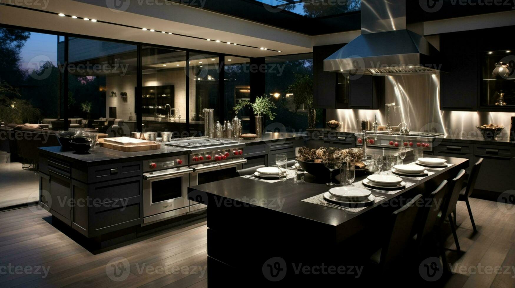 3D illustration of kitchen interior in a modern building big light cooking and dinner area Generative AI photo