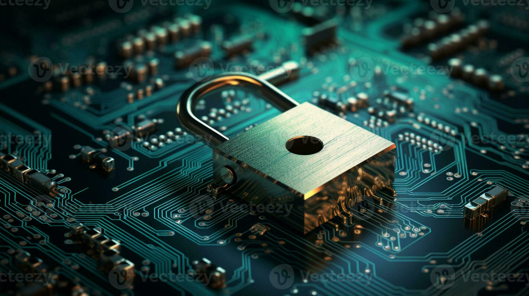 security lock symbol on computer circuit board Generative AI photo